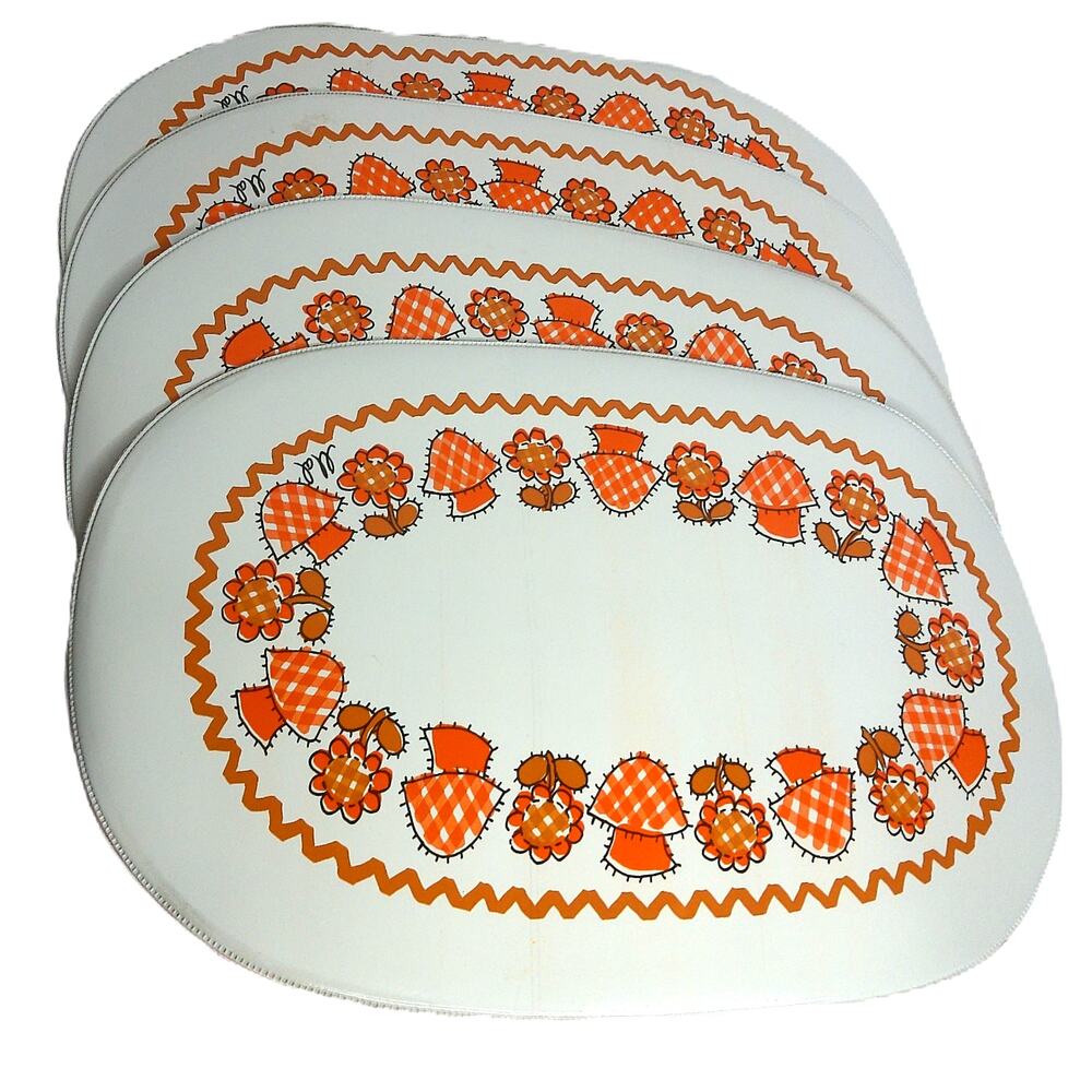 Vintage 70s Orange Mushroom Placemats Retro Floral Oval Table Mats Set of 4 - Picture 4 of 9